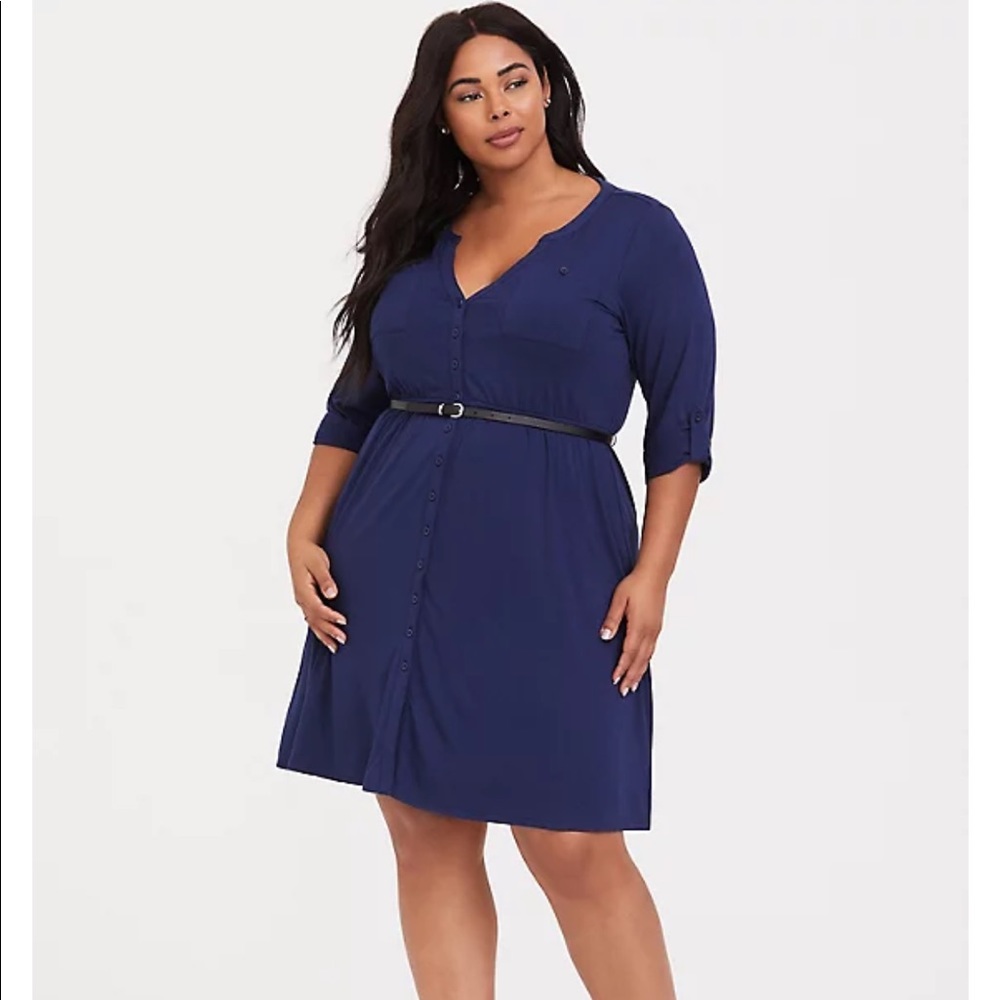 NAVY BELTED JERSEY SHIRT DRESS